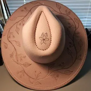 Tickled Pink Custom Hand Burned Pyrography Wide Brim Fedora Hat Hand Burned Wide Brim Fedora | Western, Cowgirl, Lainey  main image 4